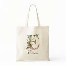Elegant Gold Floral Letter E Monogram Tote Bag
