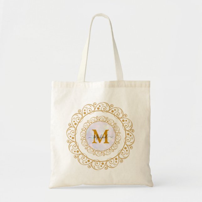 Bolso De Tela Elegant Gold Glitter Initial & Name (Frente)