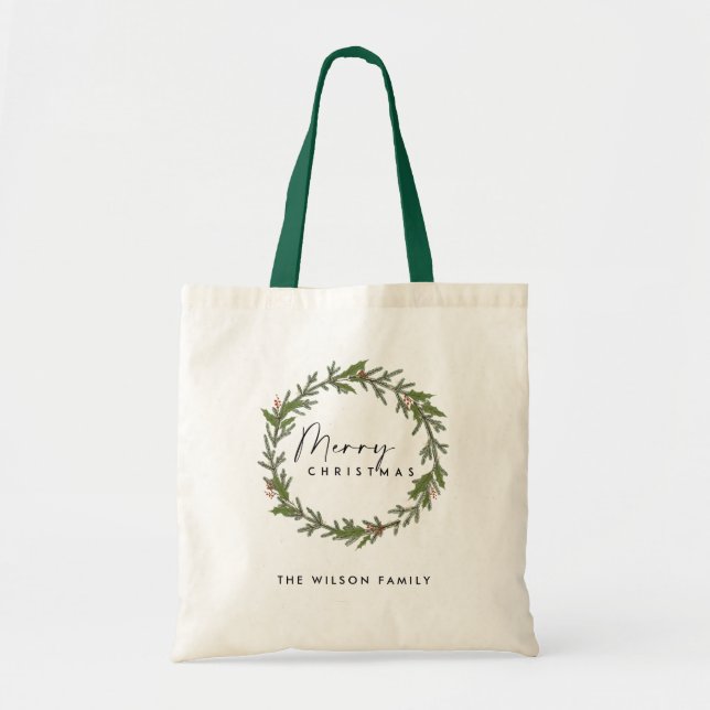 BOLSO DE TELA ELEGANT HOLLY BERRY GREEN WREATH MERRY CHRISTMAS (Frente)