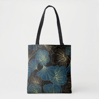 Bolso De Tela Elegant Leaves of Blue With Gold Lines Botanical