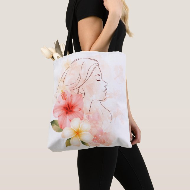 Bolso De Tela Elegant Line Art Woman with Tropical Flowers – Min (Detalle)
