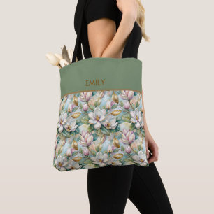 Bolso De Tela Elegant Magnolias Flowers Gold with Name