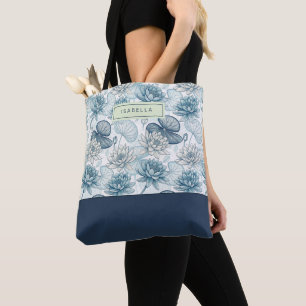 Bolso De Tela Elegant Monogram Blue Water Lily and Lotus