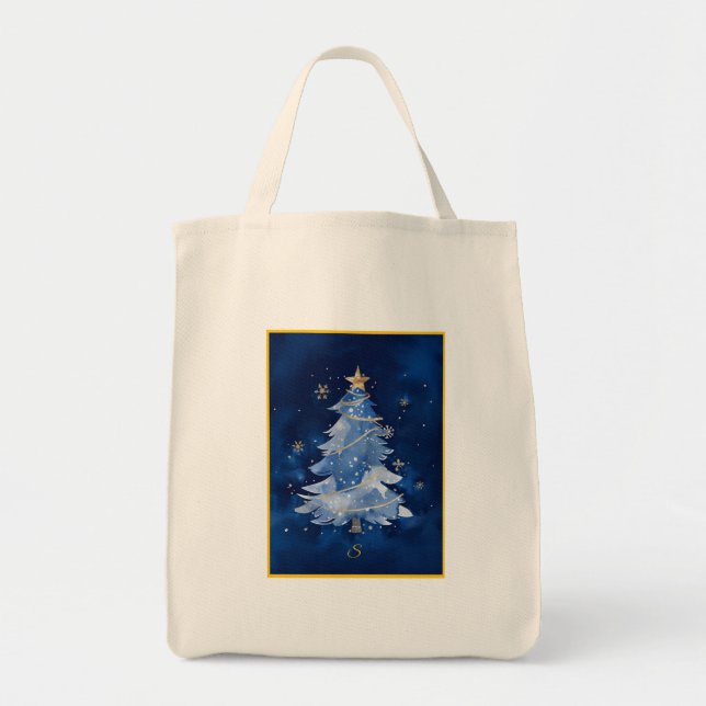 Bolso De Tela Elegant Navy Blue Christmas Tree Monogram (Frente)