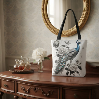 Bolso De Tela Elegant Peacock Tote Bag with Floral Illustration 