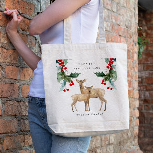 BOLSO DE TELA ELEGANT RED GREEN HOLLY BERRY DEER DUO NEW YEAR
