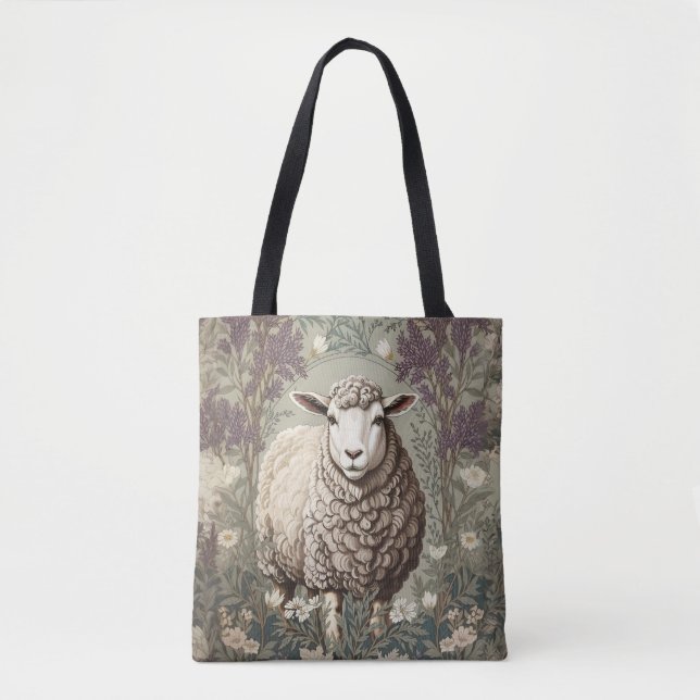 Bolso De Tela Elegant Sheep Lavender Flower Background (Anverso)
