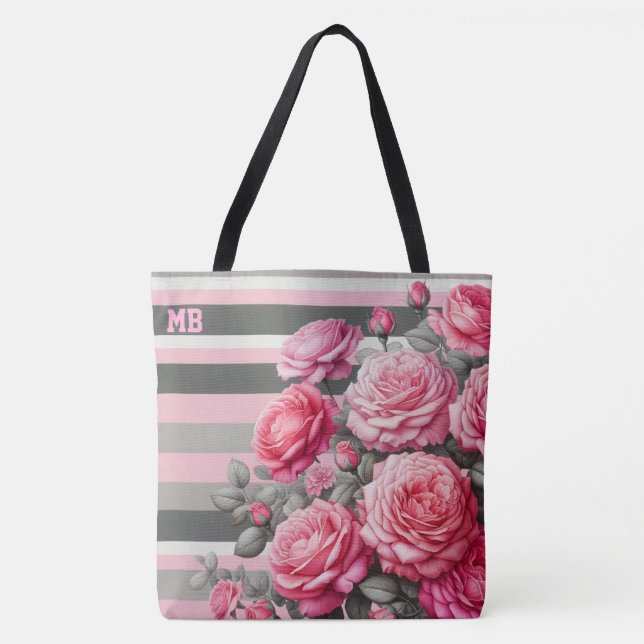 Bolso De Tela Elegant Striped Pink and Grey with Roses (Anverso)