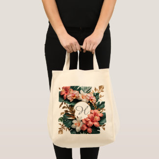 Bolso De Tela Elegant Tropical Floral Monogram Grocery Shopping 