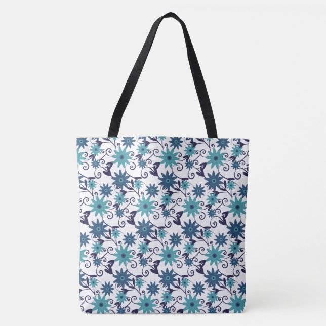 Bolso De Tela Elegant  turquoise and blue flowers (Anverso)