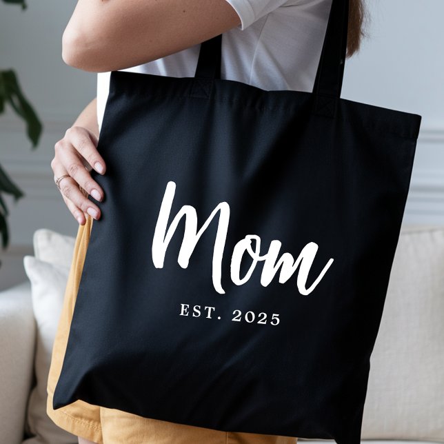 Bolso De Tela Elegant White Script Established New Mom (Elegant White Script Established Date New Mom Black Tote Bag)