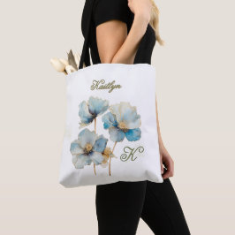 Bolso De Tela Elegante acuarela azul Poppies Monograma Nombre