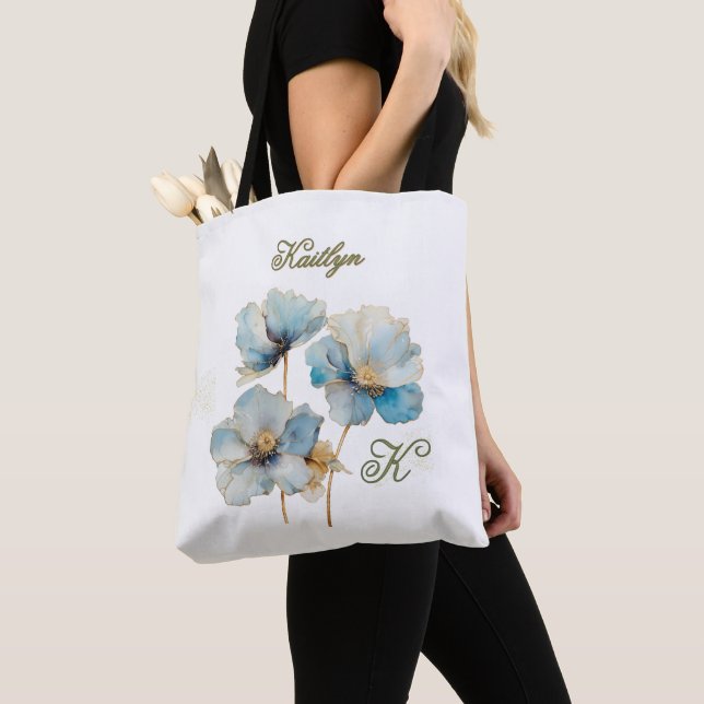 Bolso De Tela Elegante acuarela azul Poppies Monograma Nombre (Detalle)