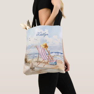 Bolso De Tela Elegante acuarela Beach Monograma Nombre