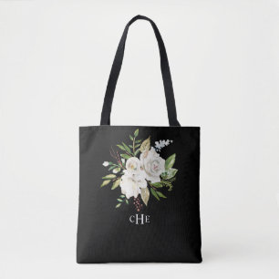 Bolso De Tela Elegante acuarela Monograma floral sobre negro