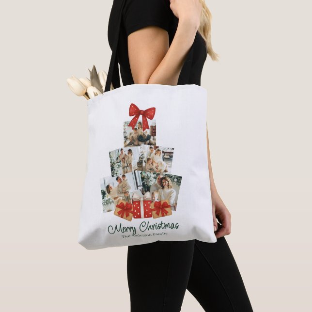 Bolso De Tela Elegante acuarela Red Bow Family Árbol de Navidad (Detalle)