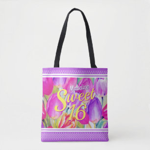 Bolso De Tela Elegante acuarela rosa floral con trímigo violeta