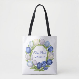 Bolso De Tela Elegante acuarela Tulip Wreath Boda Marfil Azul