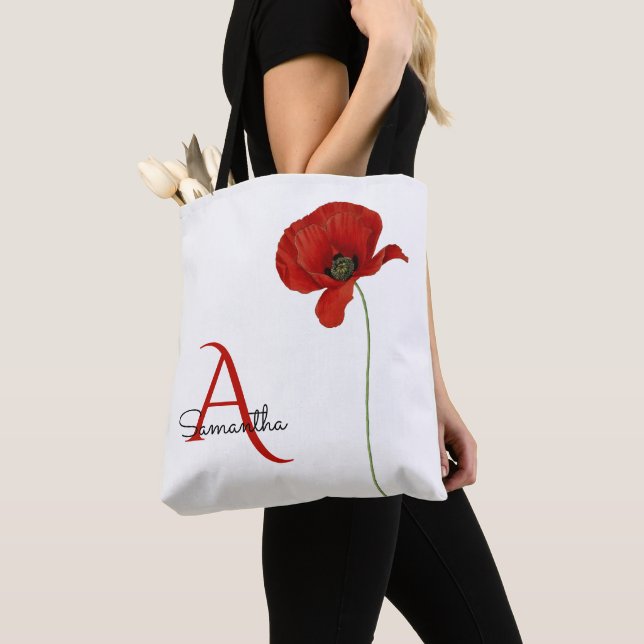 Bolso De Tela Elegante adormidera roja monogramada en blanco (Detalle)