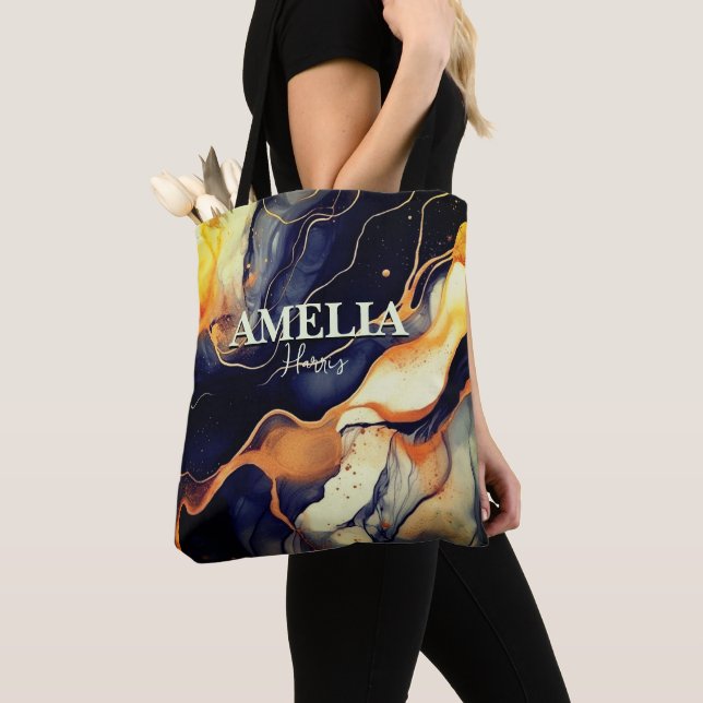 Bolso De Tela Elegante arte de mármol negro azul falso purpurina (Detalle)