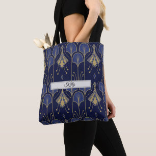 Bolso De Tela Elegante Arte Deco Azul Y Dorado