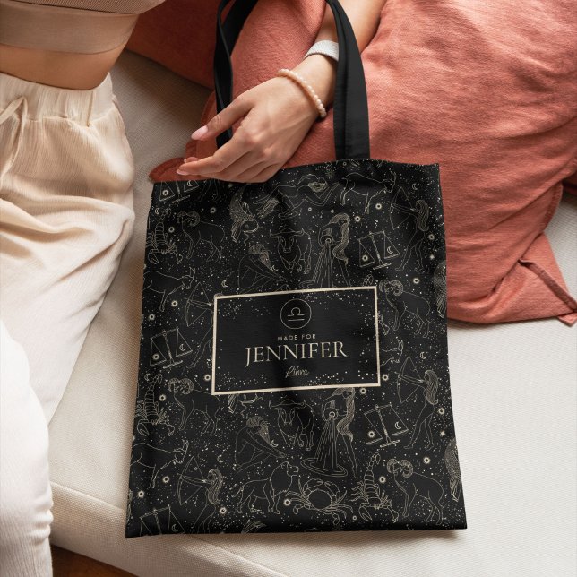 Bolso De Tela Elegante Astrología Zodiaca Libra Negro/Oro (Subido por el creador)
