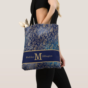 Bolso De Tela Elegante azul marino hojas de oro monograma nombre