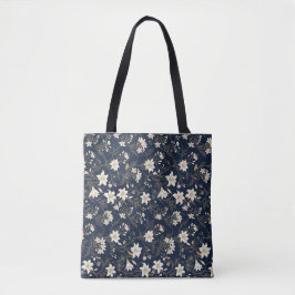 Bolso De Tela Elegante azul marino y lirio floral dorado