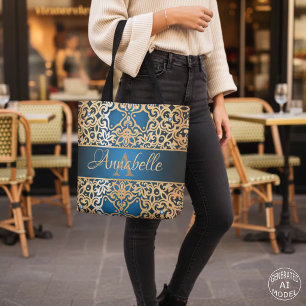 Bolso De Tela Elegante Azul Real y Dorado Nombre Damask Ornament