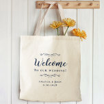 Bolso De Tela Elegante Bienvenida Boda Hotel Invitado Favor Azul<br><div class="desc">Elegante y clásico bolso de bienvenida boda presenta un diseño de moda en un fondo azul marino de moda, con un fondo transparente que muestra el material de fondo natural y el color. Este sencillo y moderno diseño ofrece una sofisticación atemporal y clásica. Personalice los nombres de la pareja y...</div>