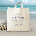Bolso De Tela Elegante Bienvenida Boda Invitado Favor Periwinkle<br><div class="desc">Elegante y clásico bolso de bienvenida boda con un diseño de moda en un moderno azul perwinkle sobre un fondo transparente que muestra el material de fondo natural y el color. Este sencillo y moderno diseño ofrece una sofisticación atemporal y clásica. Personalice los nombres de la pareja y la fecha...</div>