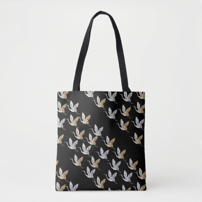 Bolso De Tela Elegante Black Gold Crane japonés moderno (Anverso)