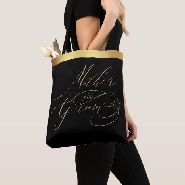 Bolso De Tela Elegante Black Gold Script Madre del Groom (Detalle)