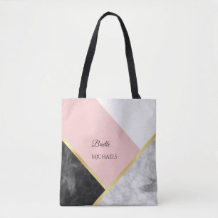 Bolso De Tela Elegante bloque de color rosa de mármol negro con