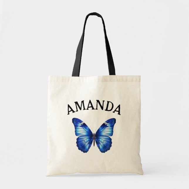Bolso De Tela Elegante Blue Butterfly Curved Name Girly (Frente)