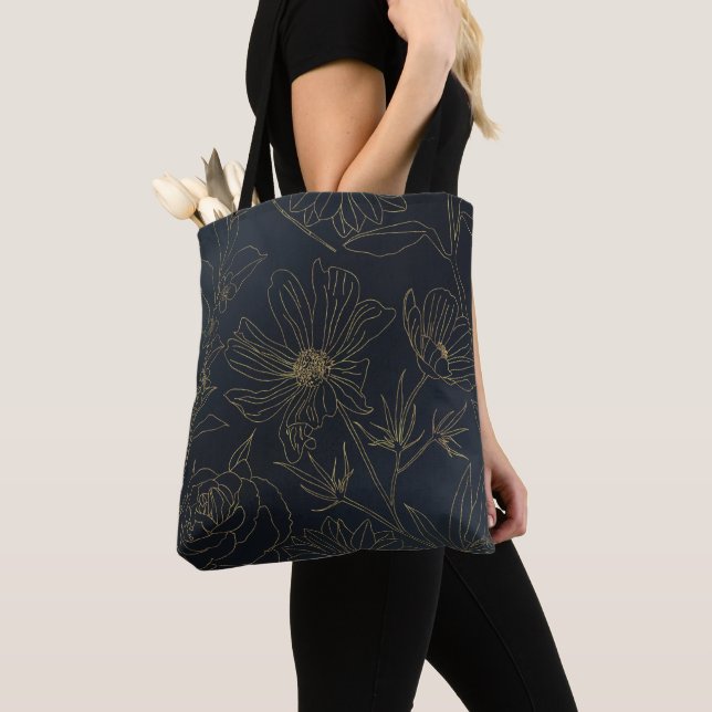 Bolso De Tela Elegante Blue Gold Flowers Botanical (Detalle)
