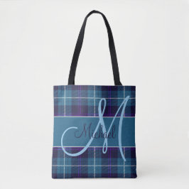 Bolso De Tela Elegante Blue Plaid Tartán Nombre personalizado mo