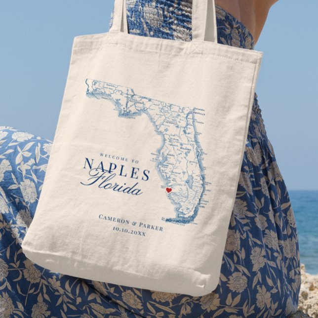 Bolso De Tela Elegante Boda de Nápoles Florida Bienvenida Tote B (Elegant Naples Florida Wedding Favor Tote bag for your navy blue Florida destination beach wedding )