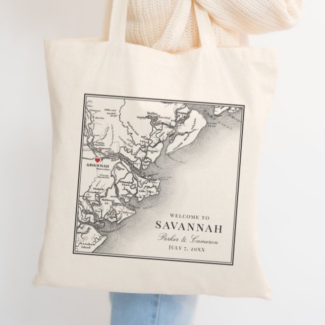Bolso De Tela Elegante Boda del mapa georgiano de Savannah blanc (Elegant Savannah Georgia Custom Wedding Tote Bag with personalized black and white map)