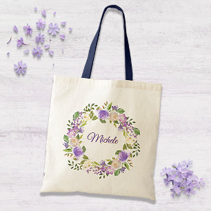 Bolso De Tela Elegante boda floral de acuarela púrpura y dorada