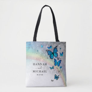 Bolso De Tela Elegante Boda Rainbow Silver y Blue Butterfly