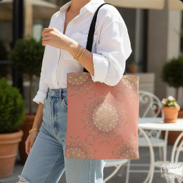 Bolso De Tela Elegante Boho Coral Rosa y Mandala de Joyas de Oro