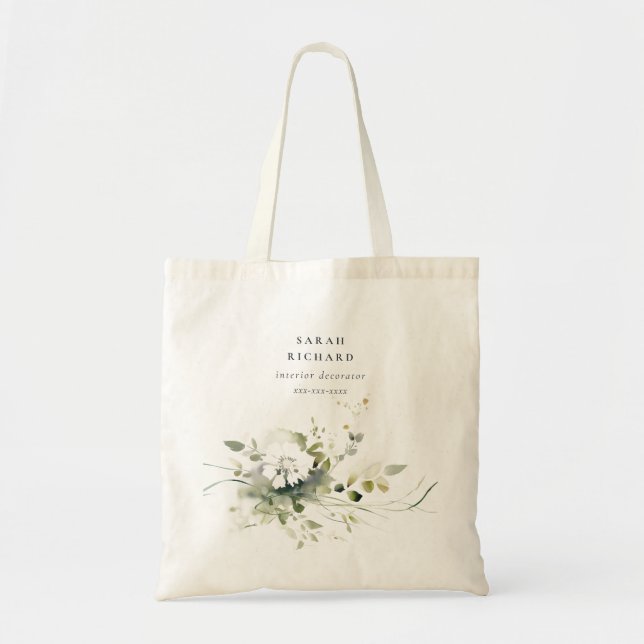 Bolso De Tela Elegante Boho moderno Resumen Floral blanca verde (Frente)