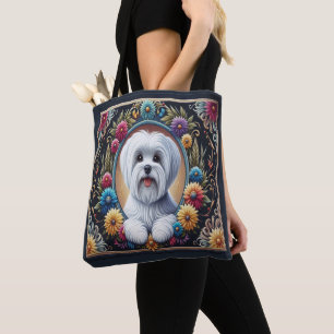 Bolso De Tela Elegante borde maltés de colores florales de perro