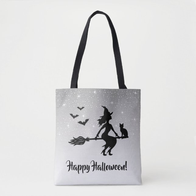 Bolso De Tela Elegante Bruja Gris Y Negro Feliz Halloween (Anverso)