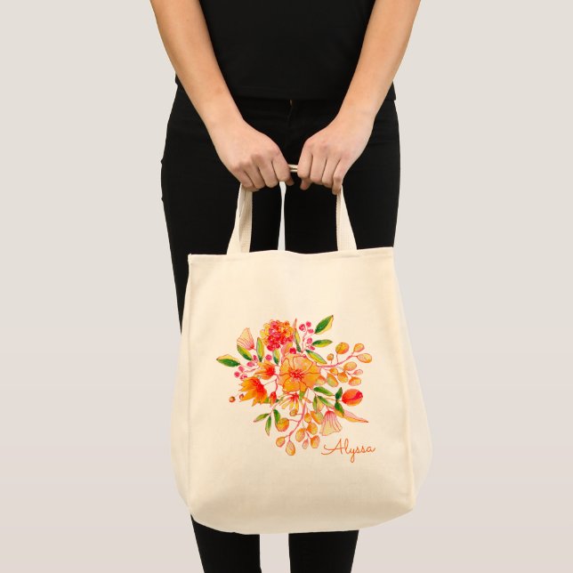 Bolso De Tela Elegante Chic Orange Floral Acuarela Personalizada (Anverso (producto))