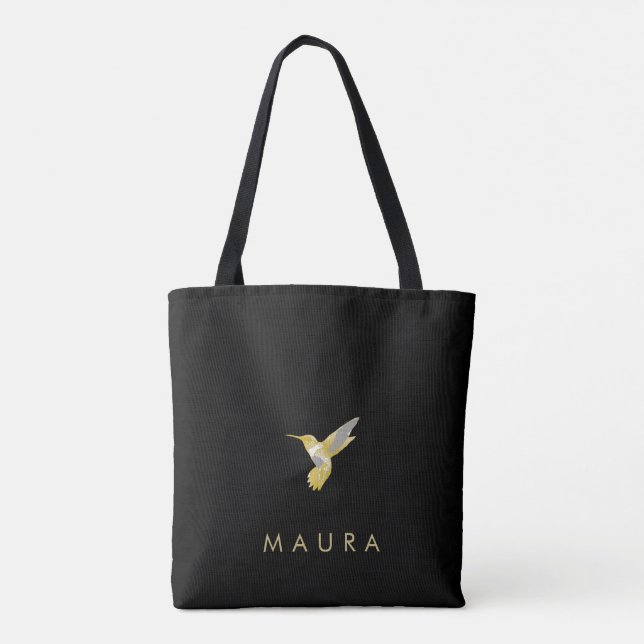 Bolso De Tela Elegante colibrí dorado personalizado sobre negro (Reverso)