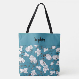 Bolso De Tela Elegante con orquídeas negras y blancas moda azul