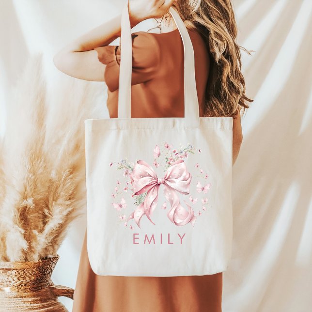 Bolso De Tela Elegante Coquette Pink Bow Pearls (Elegant Pink Bow Pearls Gift Tote Bag)