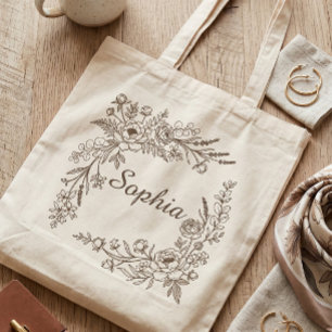 Bolso De Tela Elegante Corona Floral Botánica Monograma Nombre